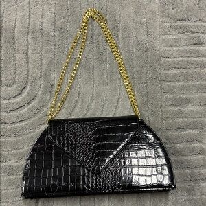 Joy & Iman Black Croc-Embossed Clutch with Gold Chain